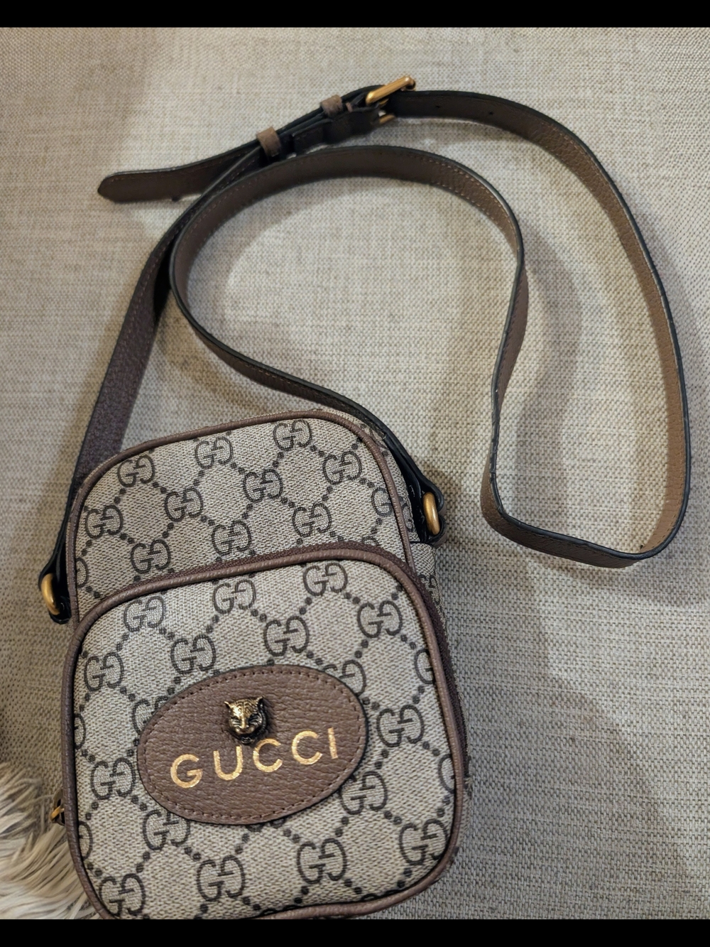 Gucci Beige GG Monogram Crossbody with Brown Trim
